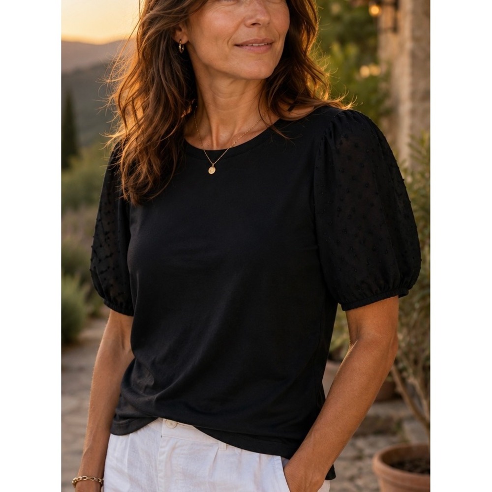 LOFT Womens Top Black‎ Medium Swiss Dot Mixed Media Casual Minimalist Office
